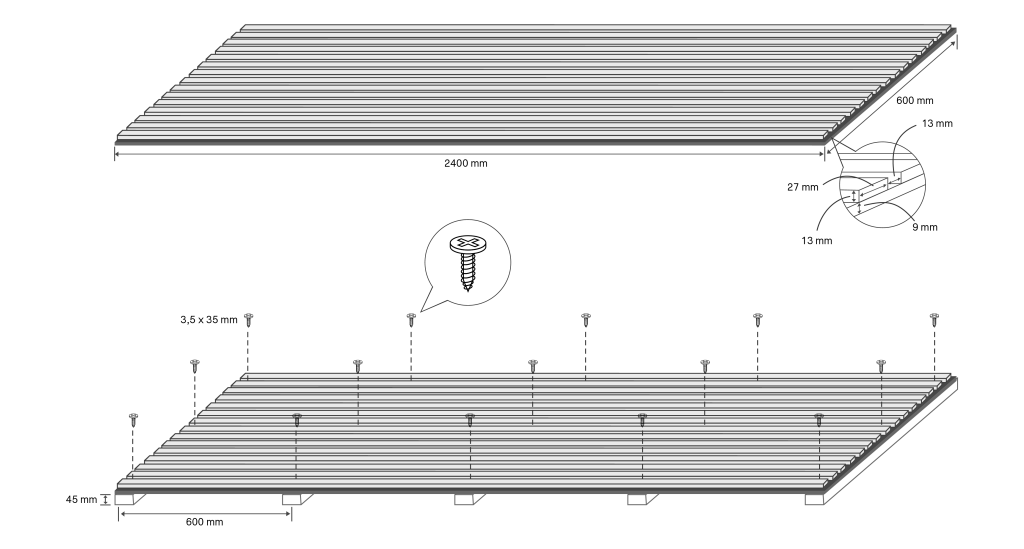 Specifications of the Akupanel | 240, displaying length, width, screw sizes and distances etc.
